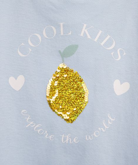 camiseta de algodão infantil manga com babado e paetê azul