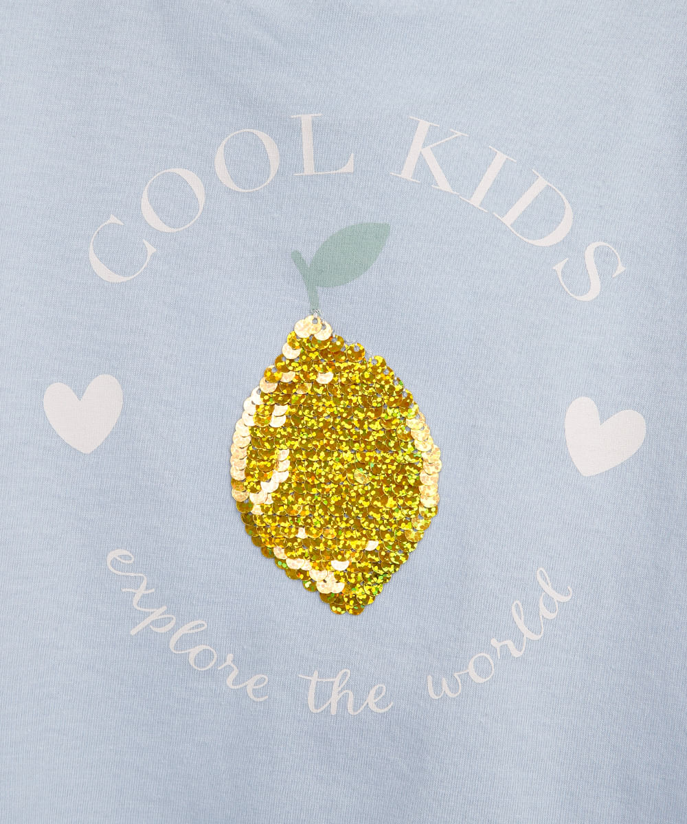 camiseta de algodão infantil manga com babado e paetê azul