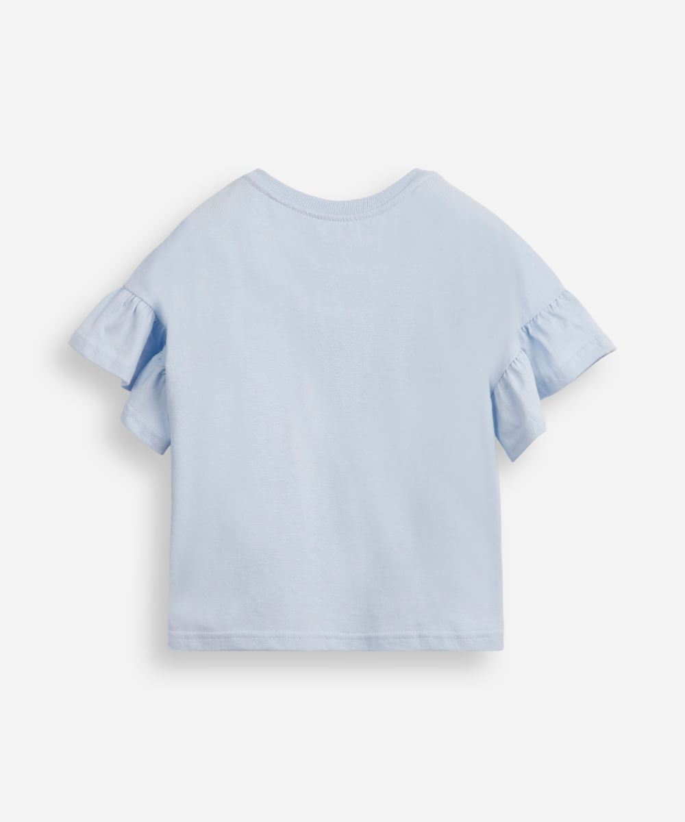 camiseta de algodão infantil manga com babado e paetê azul