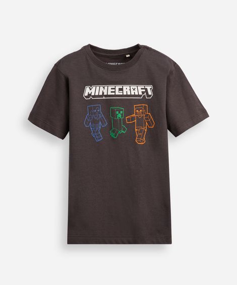 camiseta de algodão infantil manga curta minecraft cinza
