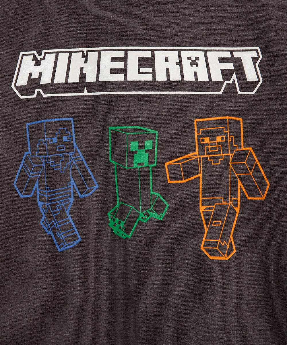 camiseta de algodão infantil manga curta minecraft cinza