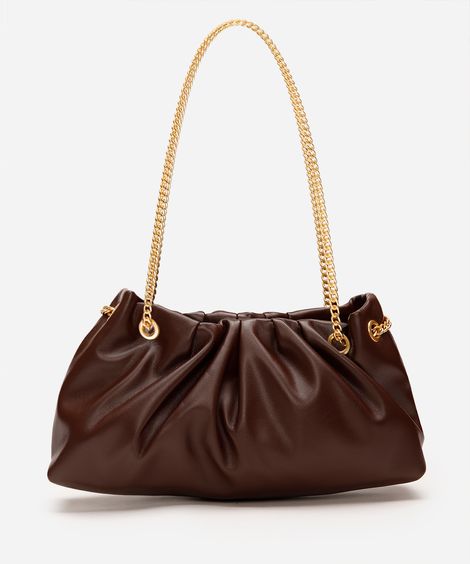 bolsa shoulder feminina com pregas e alça de corrente marrom
