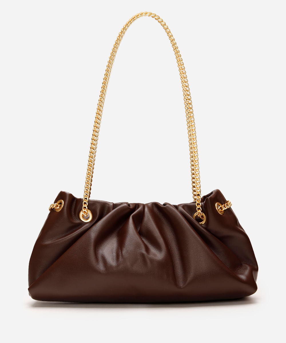 bolsa shoulder feminina com pregas e alça de corrente marrom