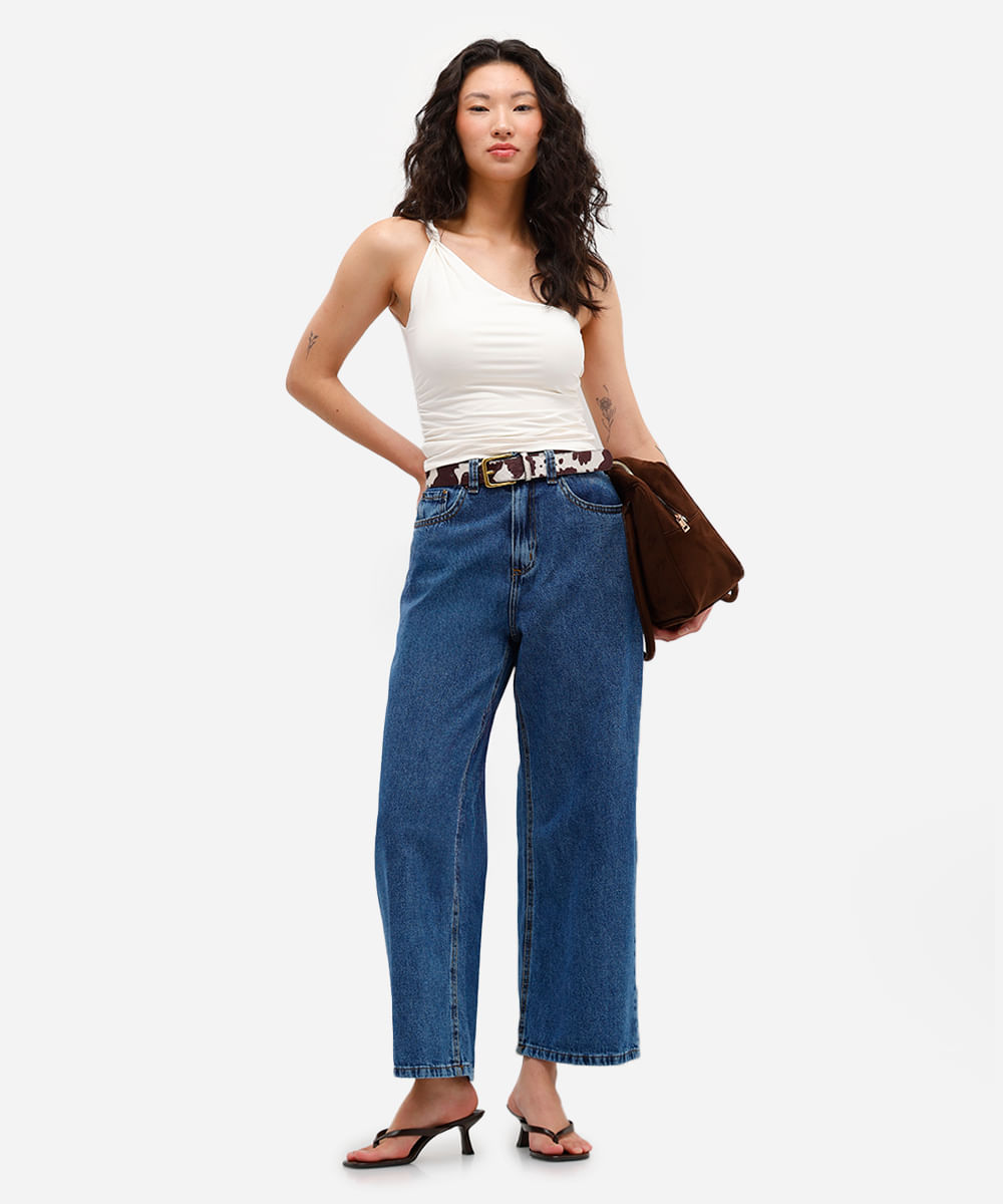calça wide leg cropped feminina jeans cintura alta azul