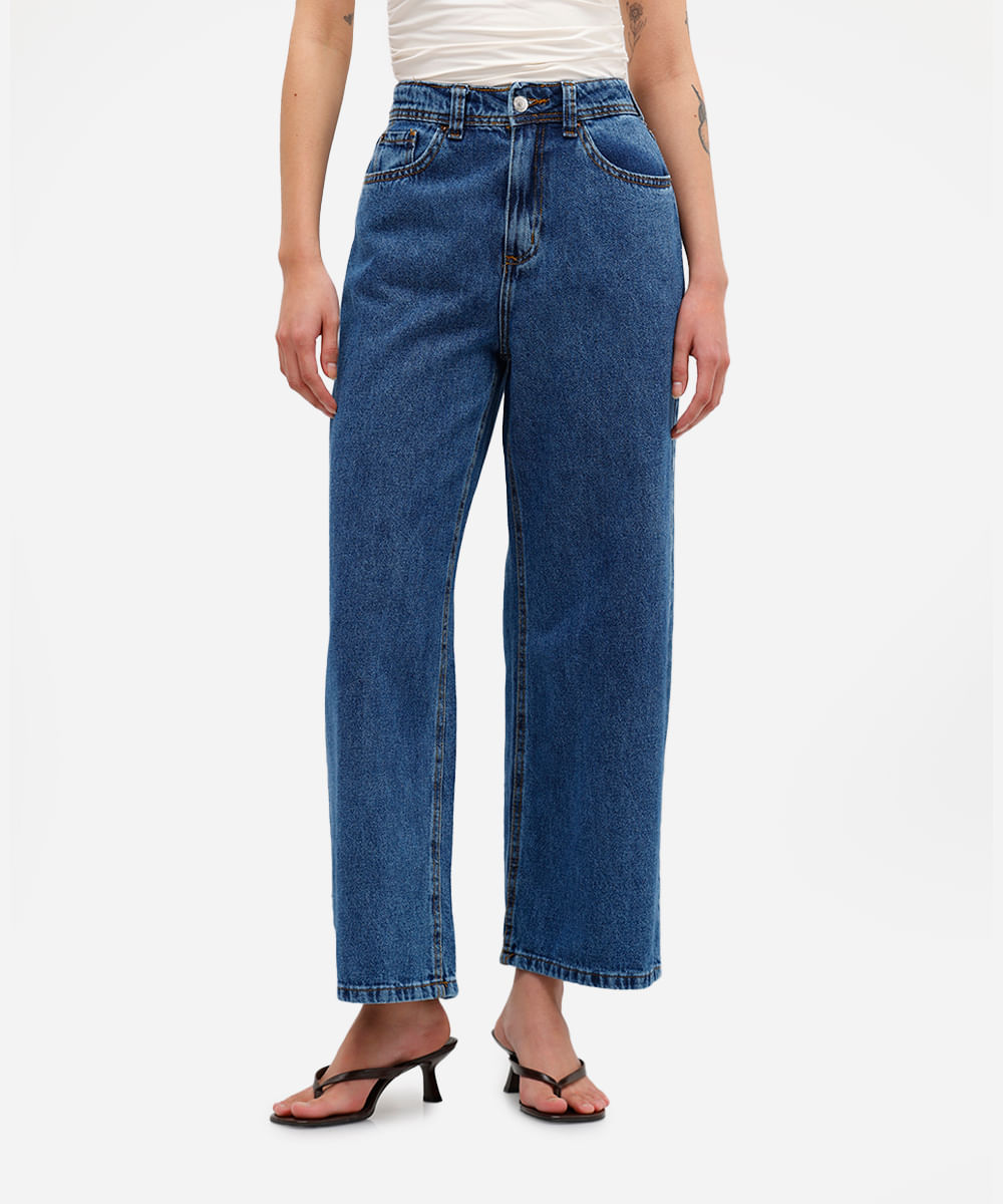 calça wide leg cropped feminina jeans cintura alta azul