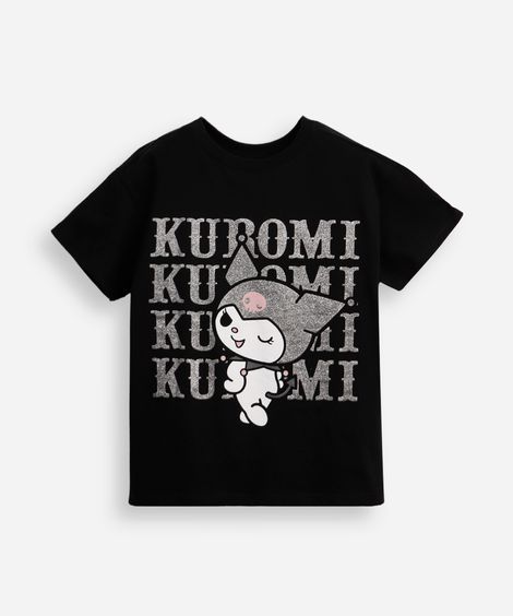 camiseta infantil de algodão manga curta kuromi preta