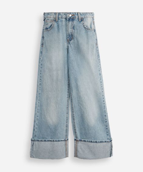 calça wide leg juvenil jeans com barra dobrada azul
