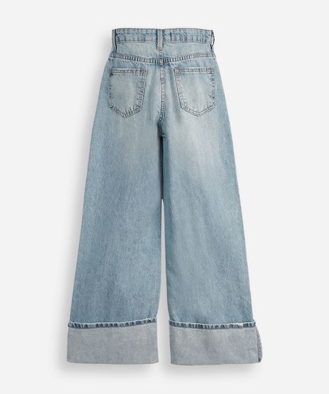 calça wide leg juvenil jeans com barra dobrada azul
