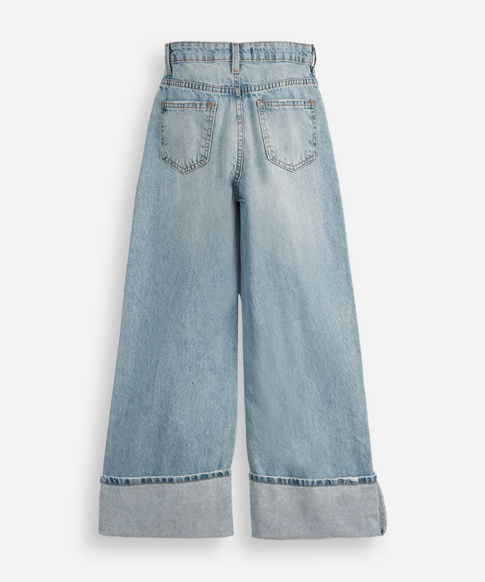calça wide leg juvenil jeans com barra dobrada azul