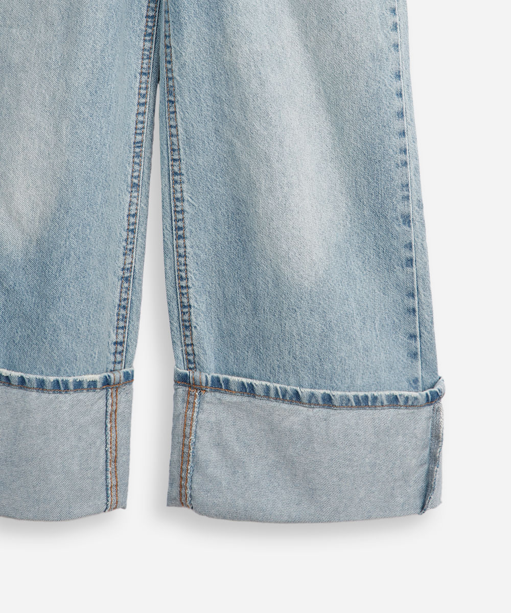 calça wide leg juvenil jeans com barra dobrada azul