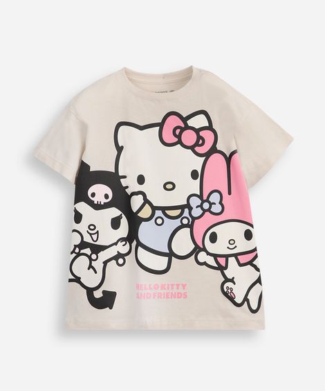 camiseta oversized infantil de algodão hello kitty e amigos bege