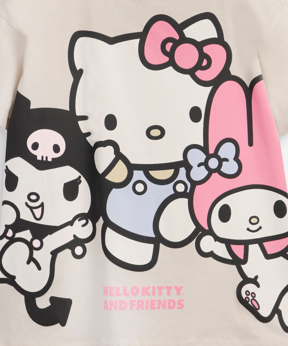 camiseta oversized infantil de algodão hello kitty e amigos bege