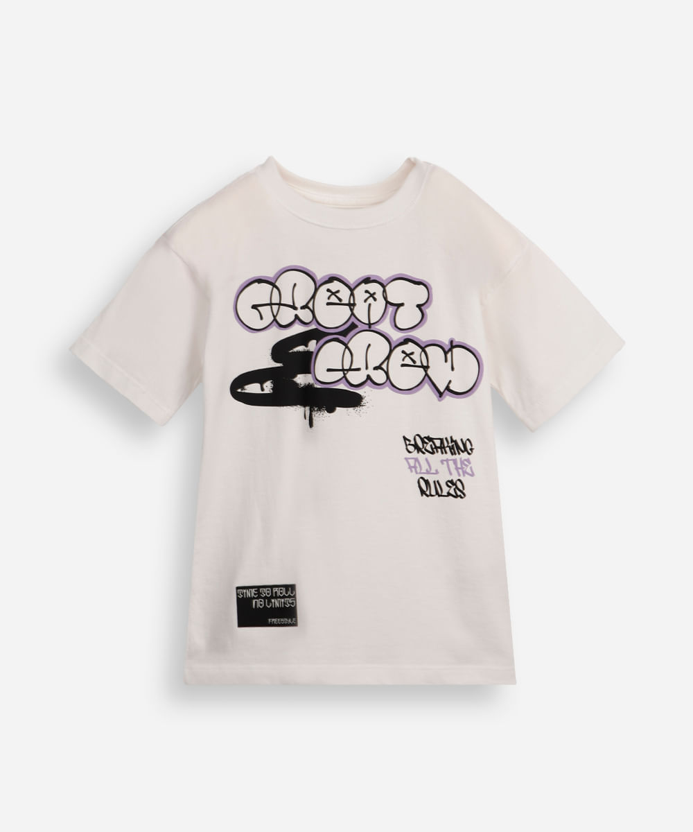 camiseta oversized infantil manga curta com grafite branca