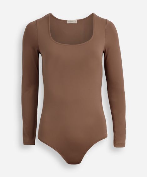 body juvenil manga longa decote quadrado marrom