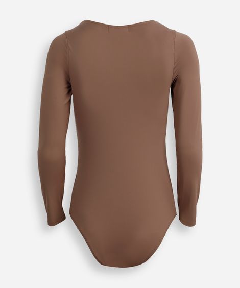 body juvenil manga longa decote quadrado marrom