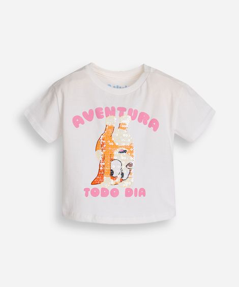 camiseta de algodão infantil bluey com paetê off white