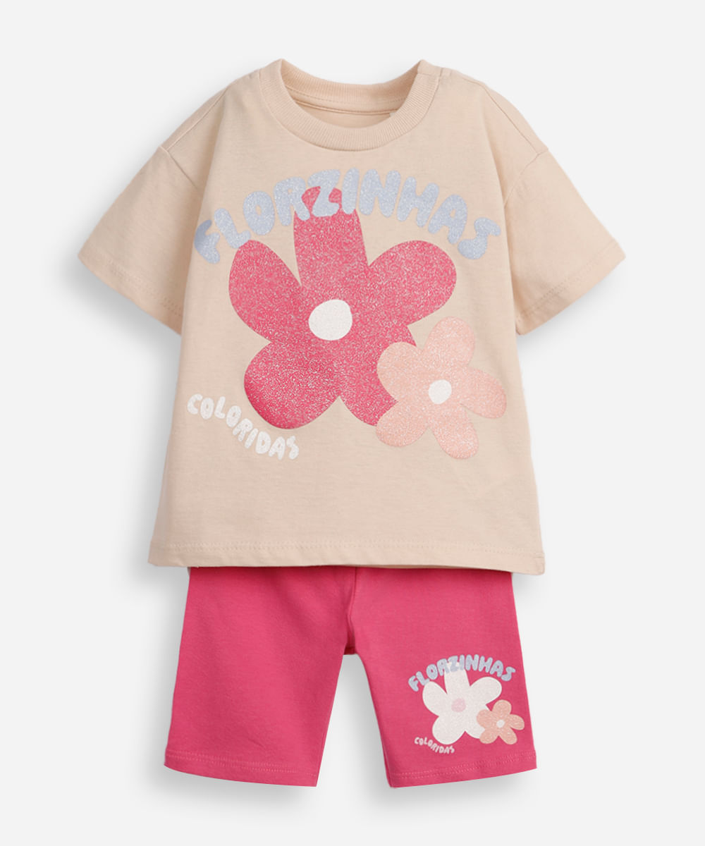 conjunto curto infantil de algodão florzinhas bege