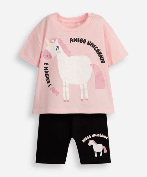 conjunto curto infantil de algodão amigo unicórnio rosa