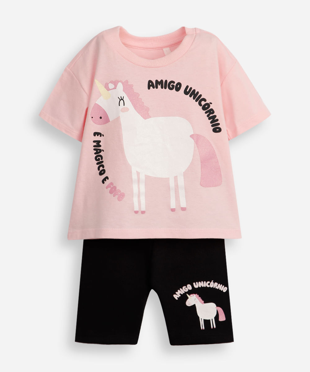 conjunto curto infantil de algodão amigo unicórnio rosa