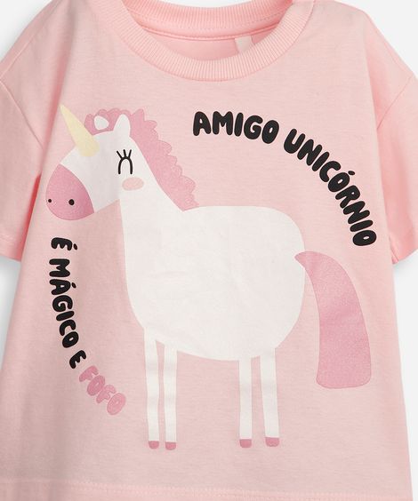 conjunto curto infantil de algodão amigo unicórnio rosa