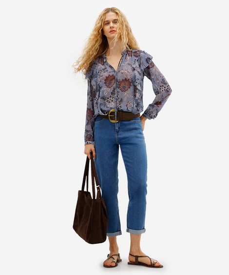 calça mom feminino jeans barra dobrada azul