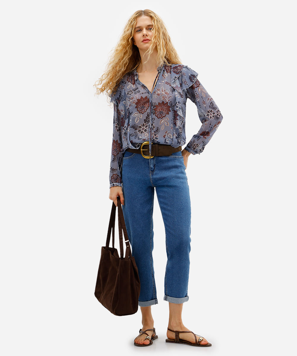 calça mom feminino jeans barra dobrada azul