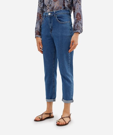 calça mom feminino jeans barra dobrada azul