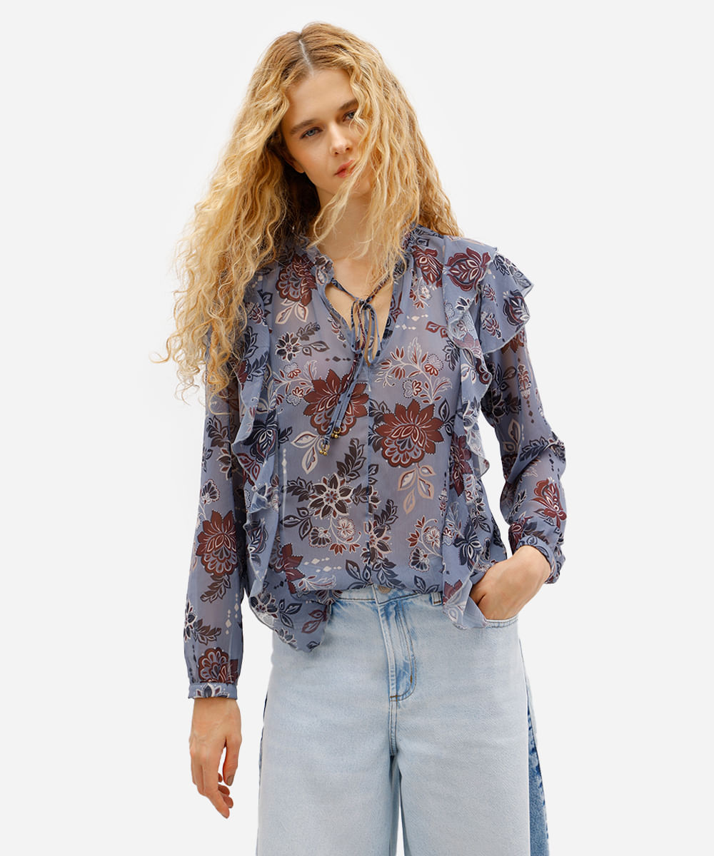 bata feminina manga longa com babados floral azul