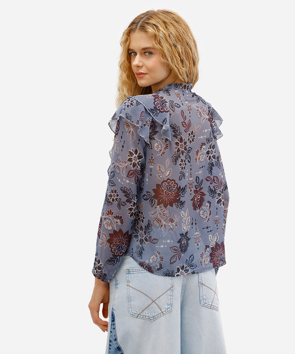 bata feminina manga longa com babados floral azul