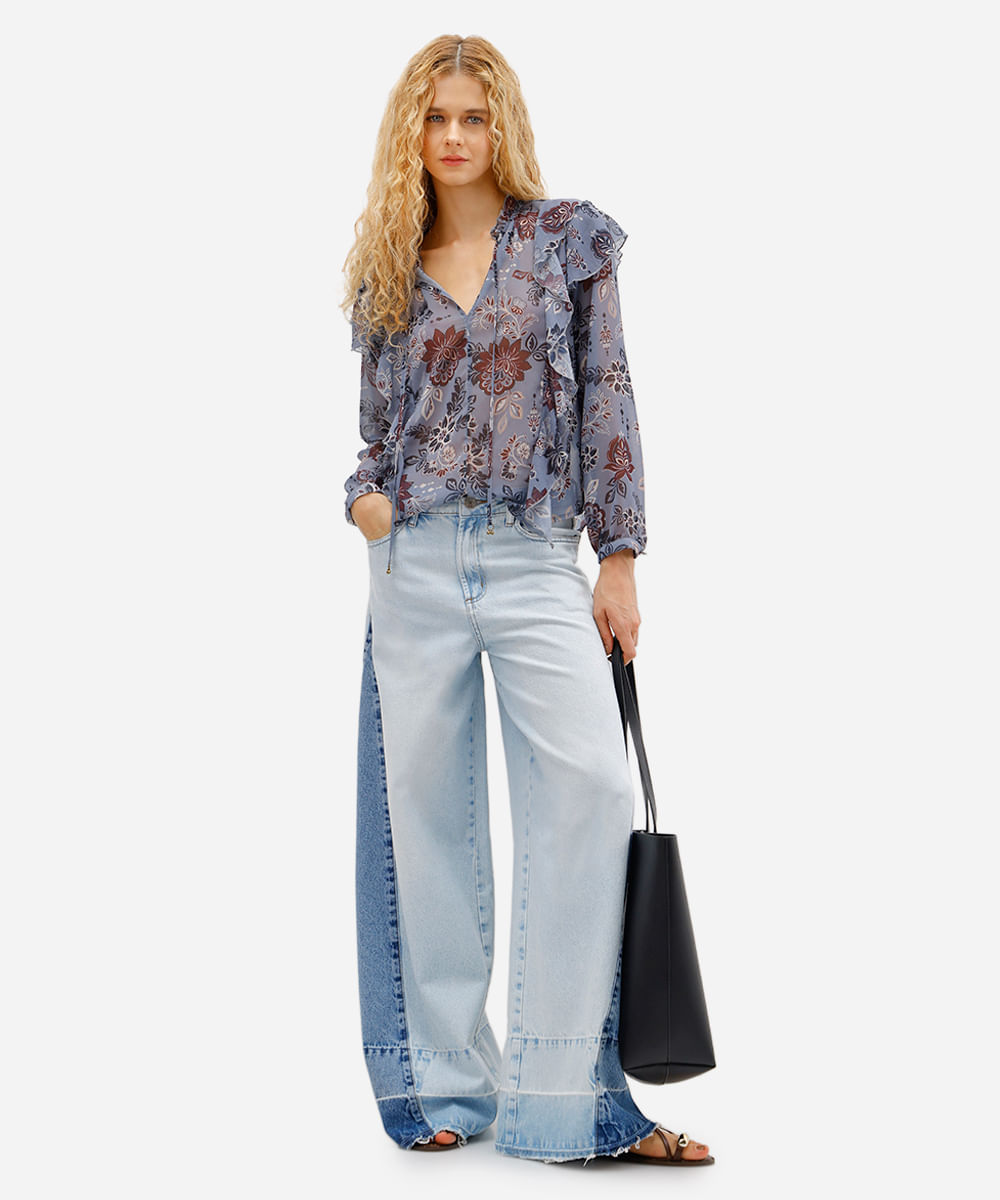 bata feminina manga longa com babados floral azul