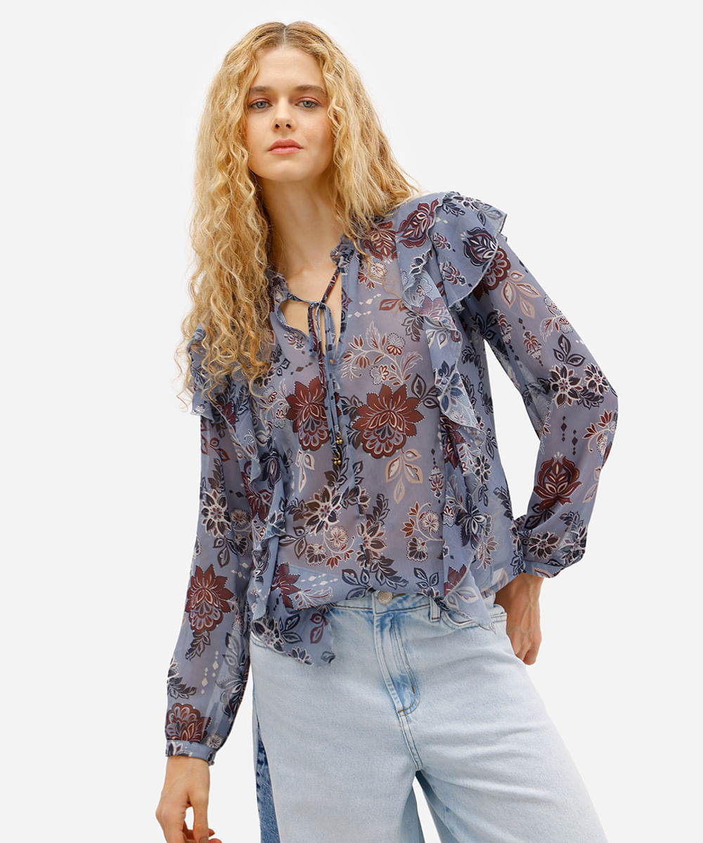 bata feminina manga longa com babados floral azul