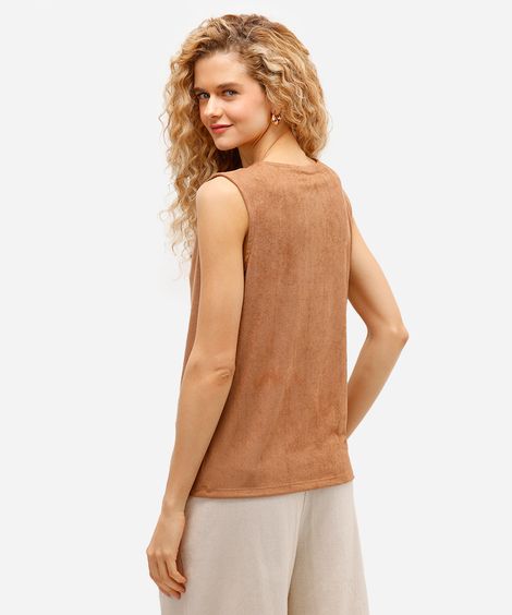 regata feminina de suede decote v com babados bege