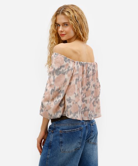 bata feminina ombro a ombro floral rosa
