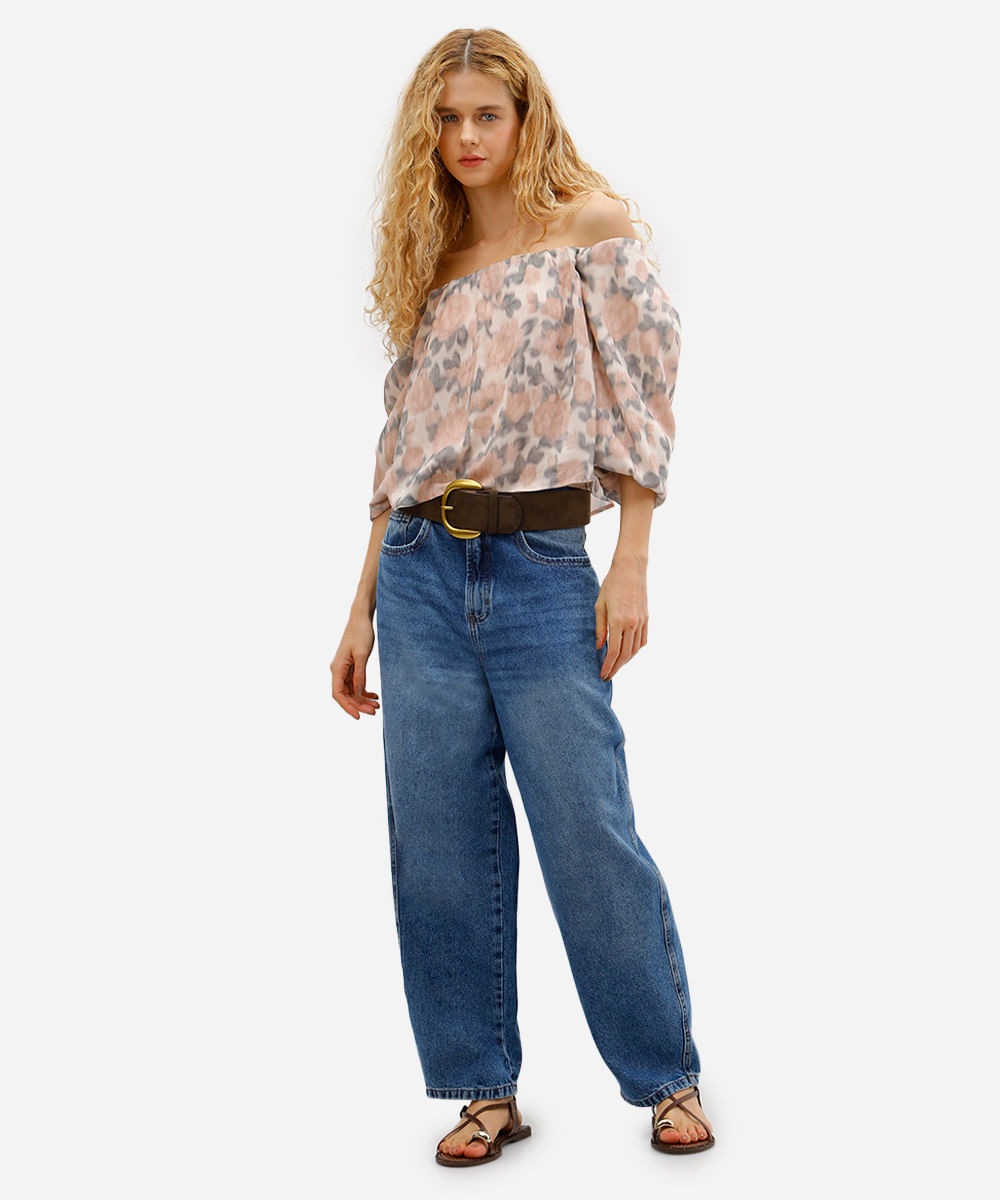 bata feminina ombro a ombro floral rosa