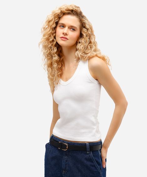 regata feminina de algodão decote v off white