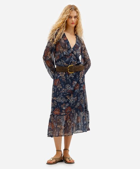 vestido midi feminino manga bufante com babados floral azul