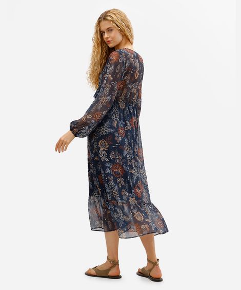 vestido midi feminino manga bufante com babados floral azul