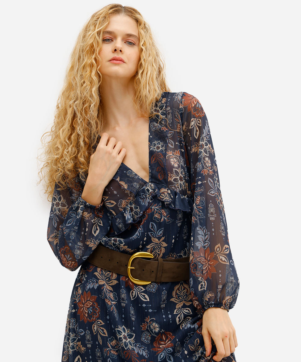 vestido midi feminino manga bufante com babados floral azul