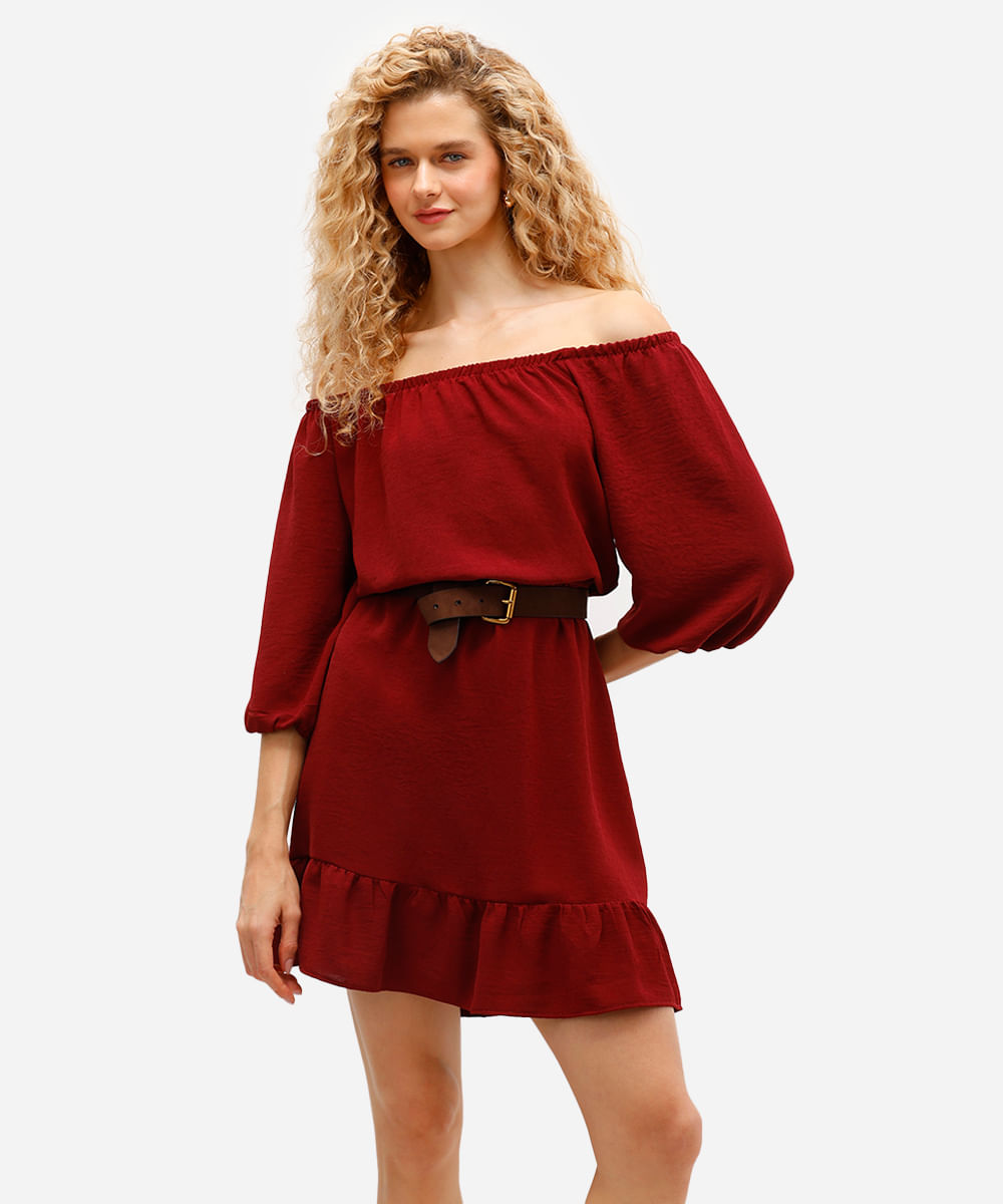 vestido curto feminino texturizado manga bufante vinho