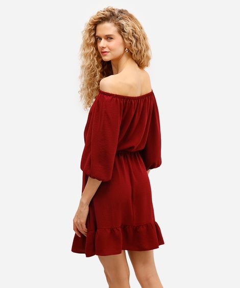 vestido curto feminino texturizado manga bufante vinho