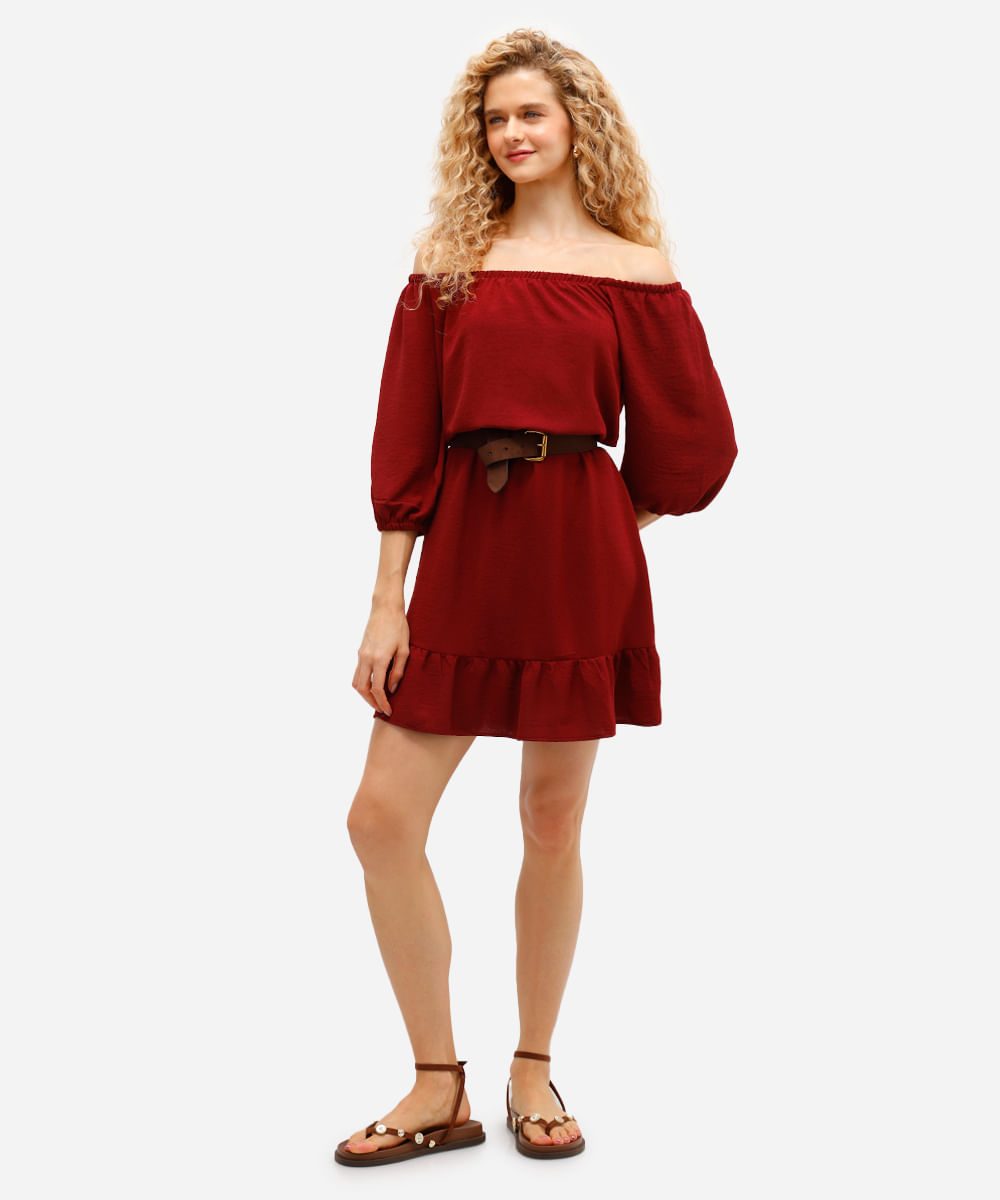vestido curto feminino texturizado manga bufante vinho