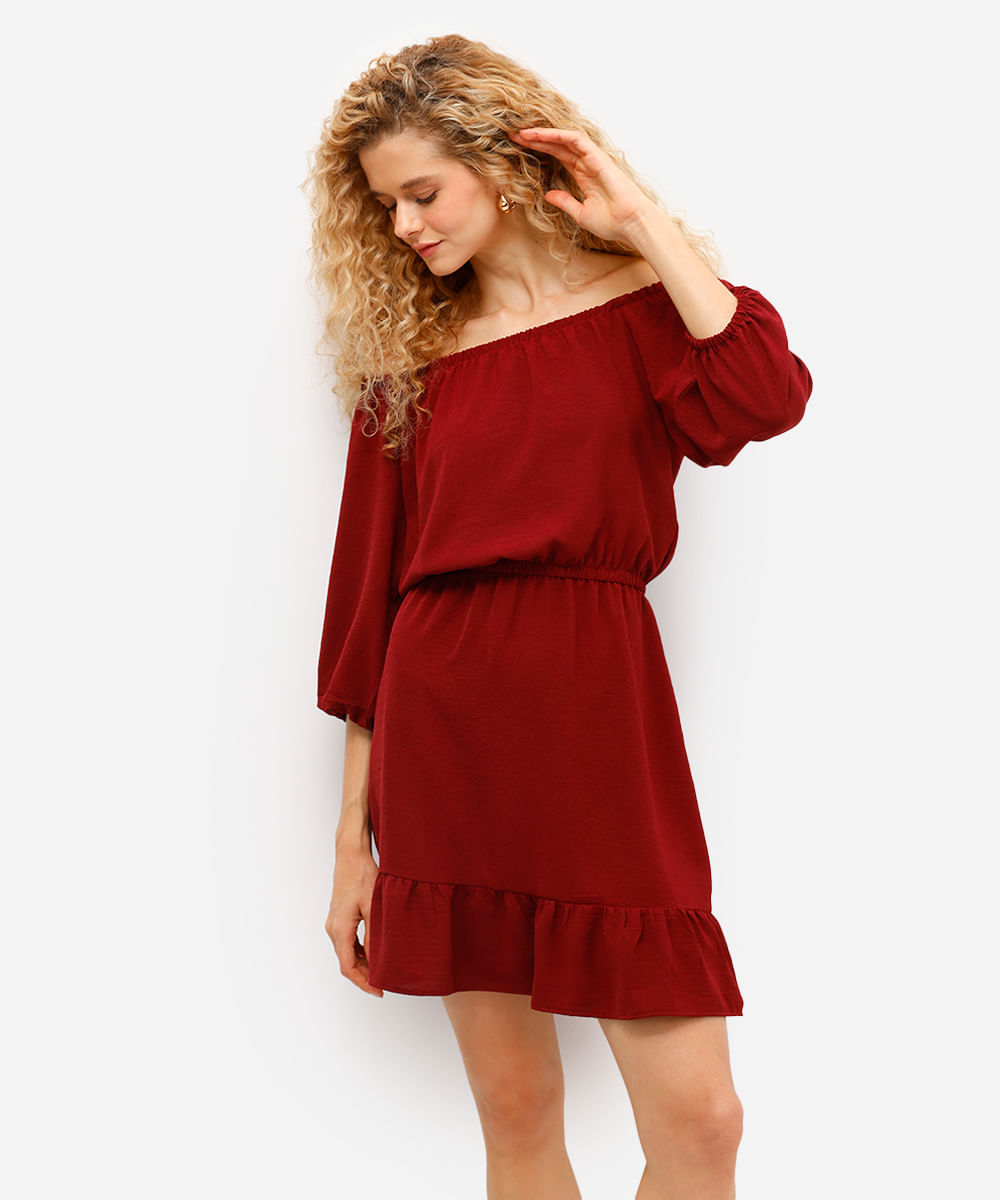 vestido curto feminino texturizado manga bufante vinho
