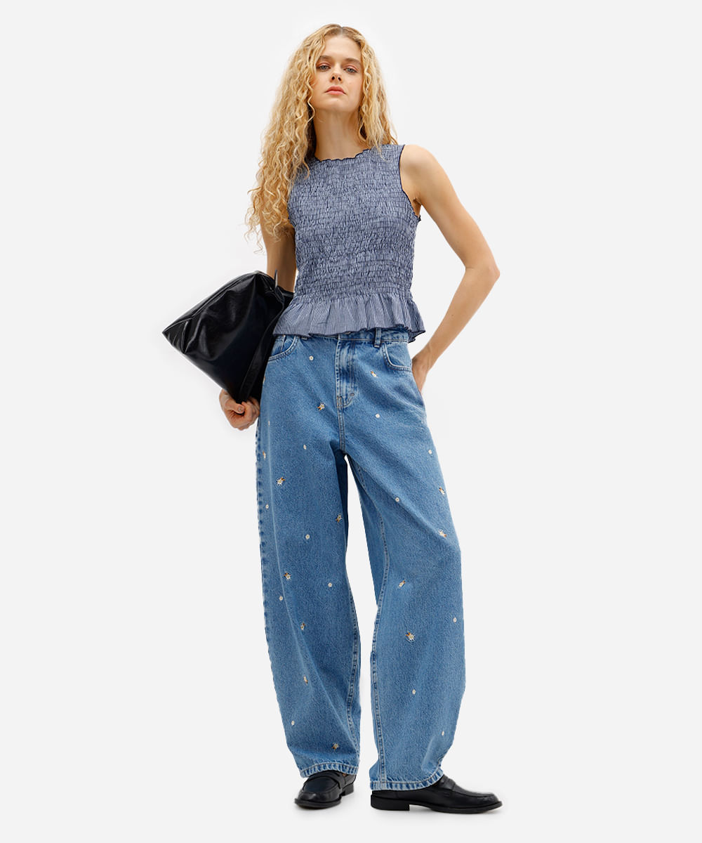 calça balloon feminina jeans cintura média floral azul