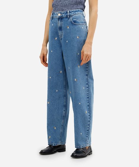 calça balloon feminina jeans cintura média floral azul