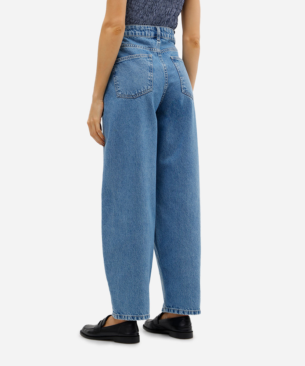 calça balloon feminina jeans cintura média floral azul