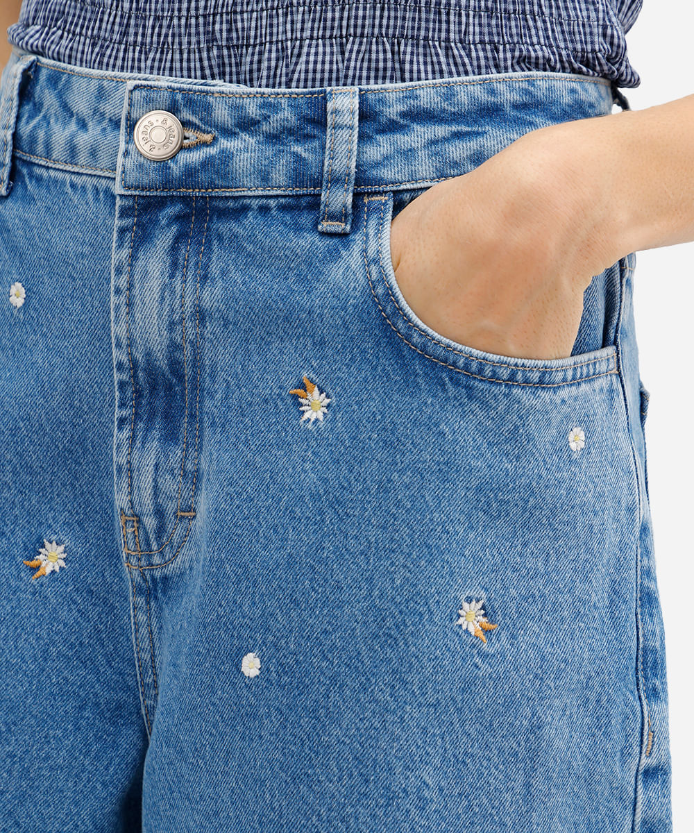 calça balloon feminina jeans cintura média floral azul