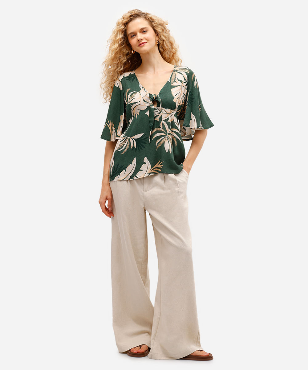 bata feminina de viscose com amarração folhagem verde