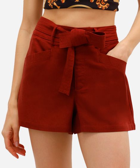 short feminino com linho e faixa cós elástico vinho