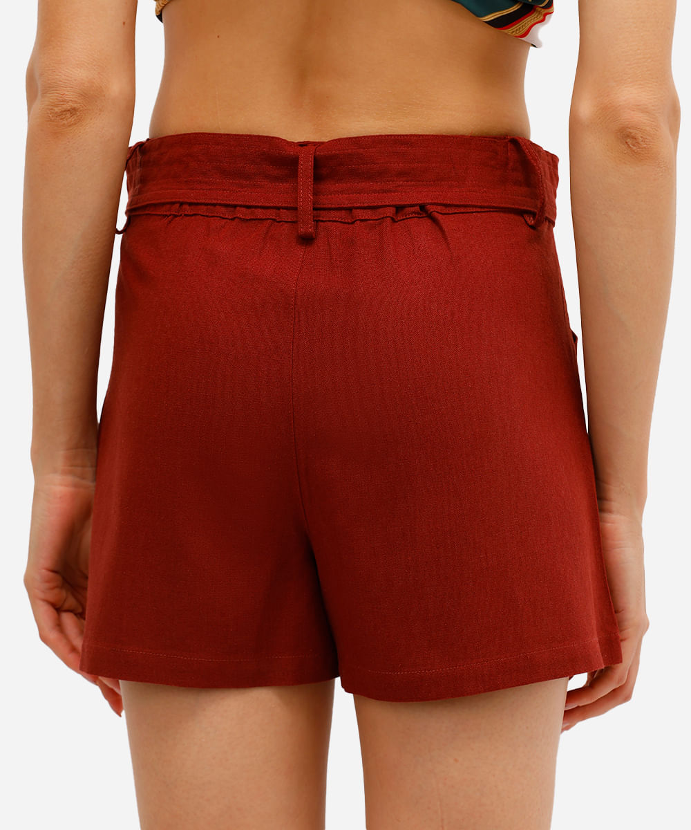 short feminino com linho e faixa cós elástico vinho