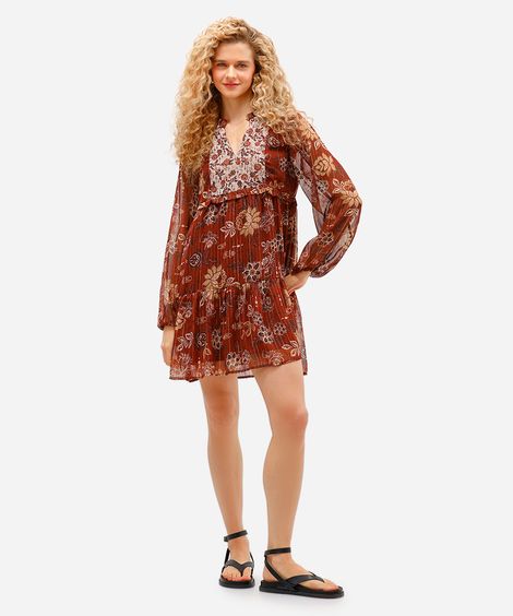 vestido curto feminino com recortes e lurex floral marrom